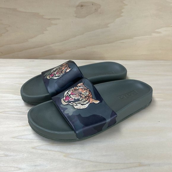 Polo Ralph Lauren Mens Cayson Green Camo Tiger Head Slide Sandals Size 8 D
